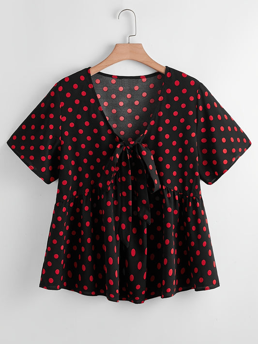  Dot Print Short Sleeve Peplum Shirt Top