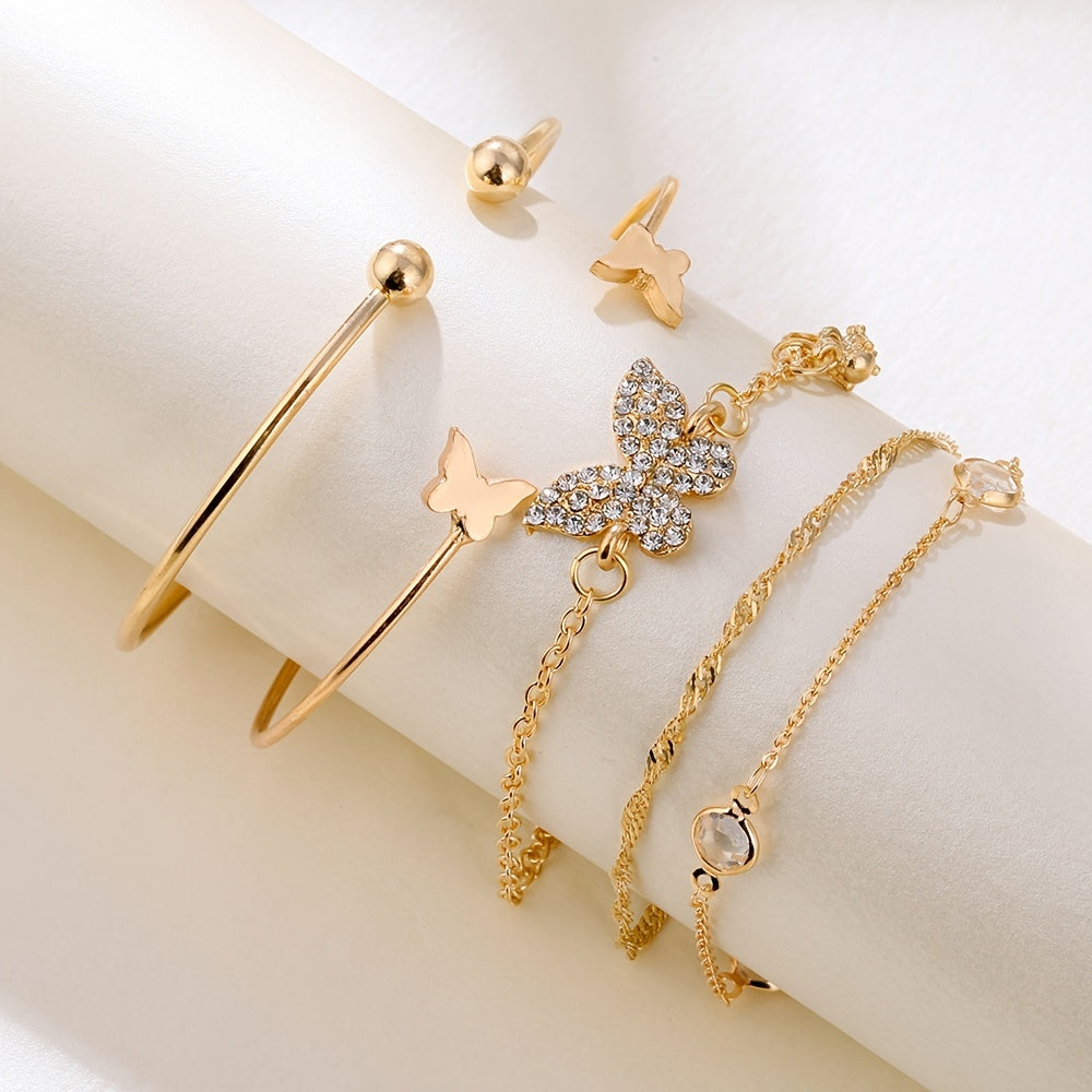 5pk Golden Butterfly Cuff Bangle Bracelet Set