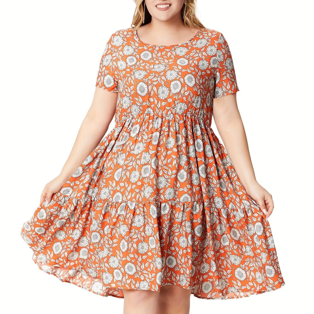 Plus Size Floral Print Short Sleeve Round Neck Ruched Smock Dress