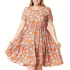 Plus Size Floral Print Short Sleeve Round Neck Ruched Smock Dress