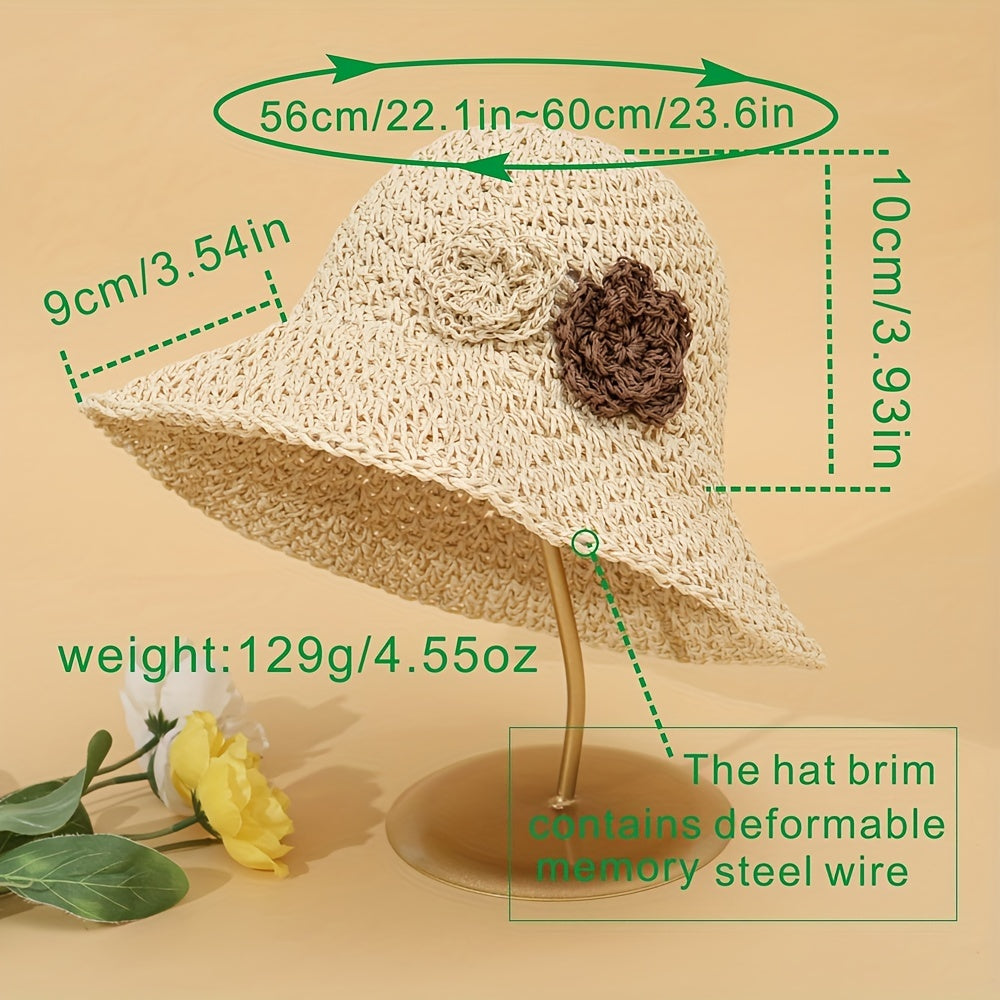 Beige Crochet Straw Bucket Hat Flower Decor Hollow Breathable