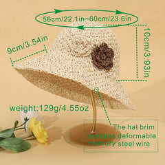 Beige Crochet Straw Bucket Hat Flower Decor Hollow Breathable
