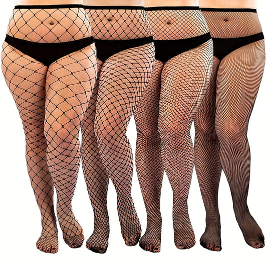 4 Pairs Women's Plus Size Sexy Stockings Set High Rise Stretchy