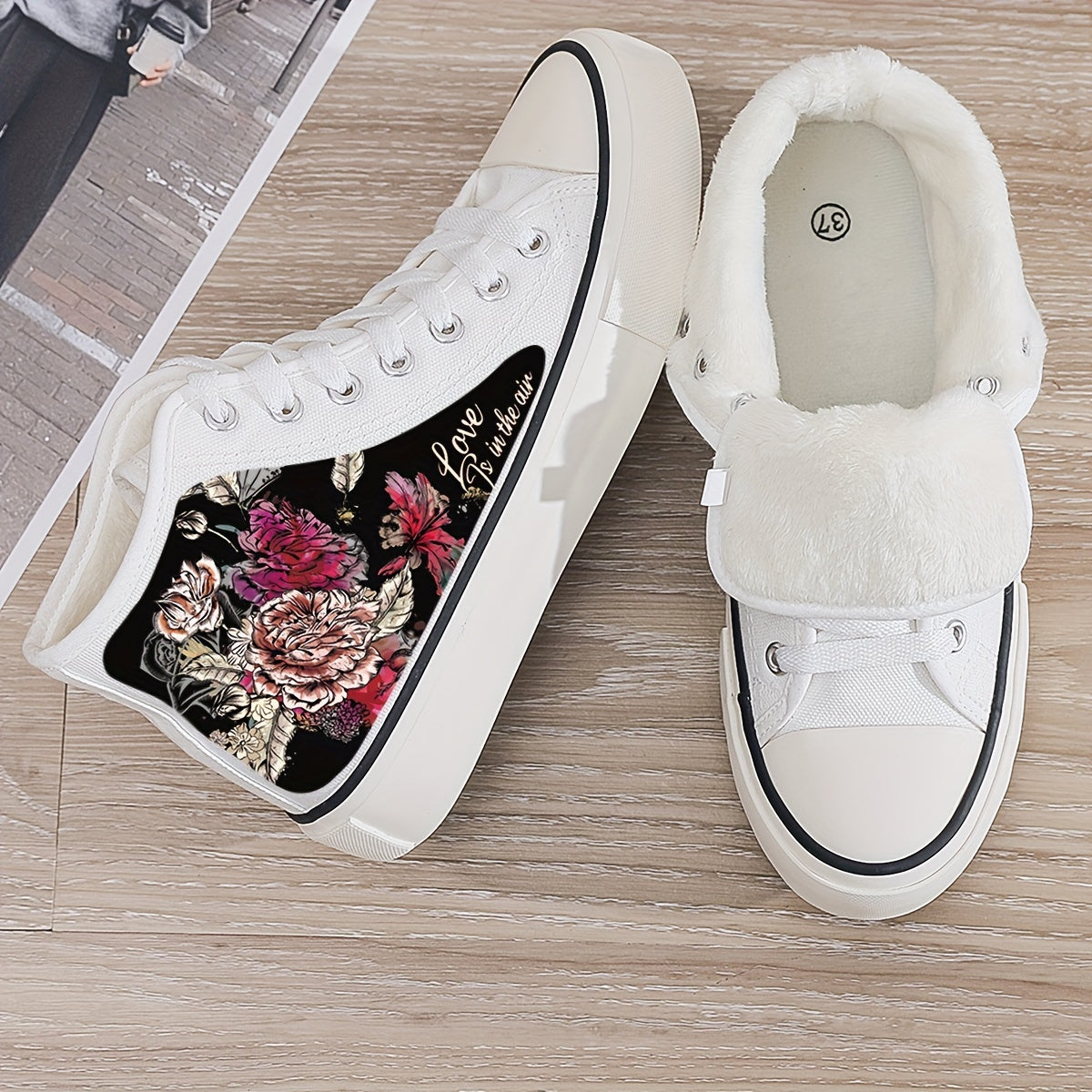 Floral Print Plush Lined Chunky Canvas Sneakers