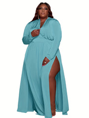  Sexy Long Sleeve Surplice Neck High Split Dress