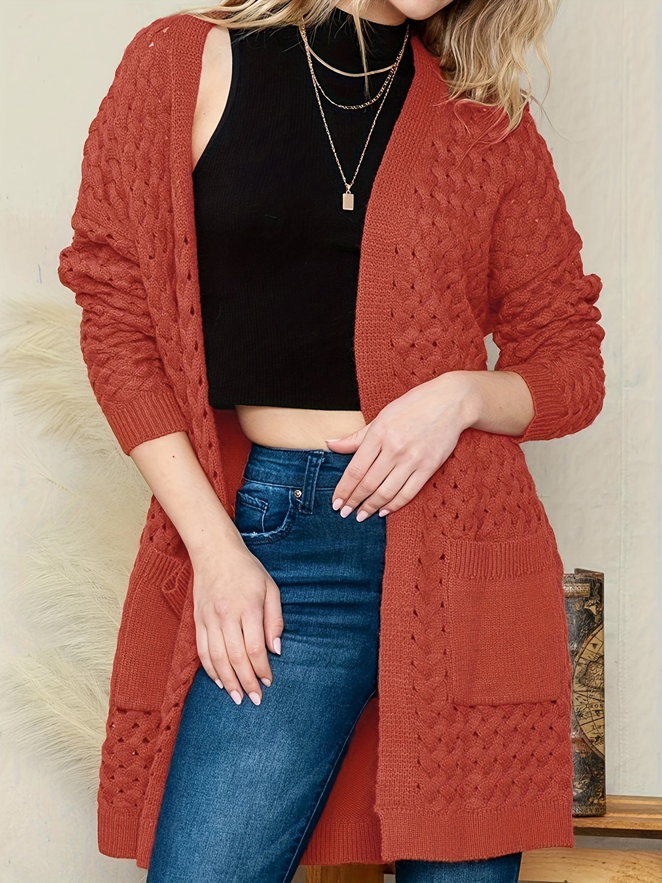  Solid Cable Open Front Cardigan With Pockets