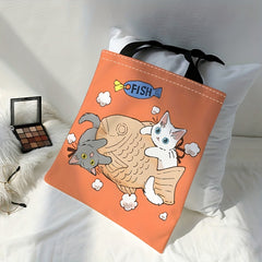 Cat And Fish Print Canvas Tote Bag Large Travel Beach Shoulder Bag