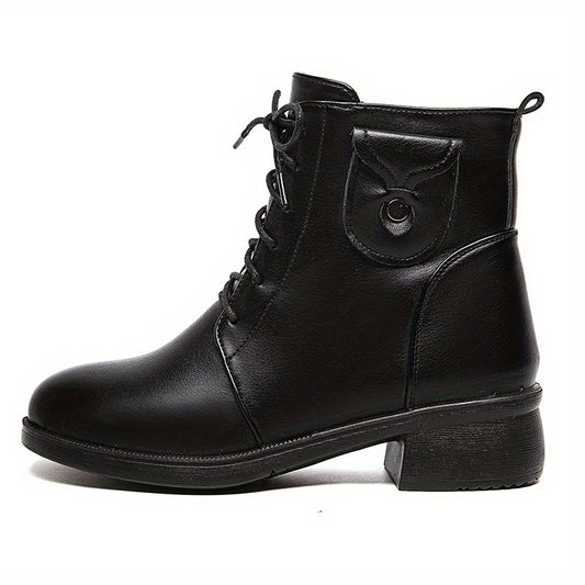 Women's Side Zipper Boots Round Toe Lace Up Shoes Solid Boots