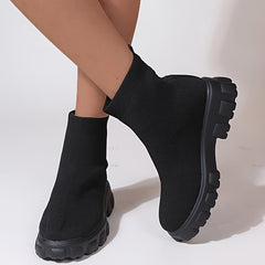 Women's Knitted Ankle Boots Solid Round Toe Slip on Boots