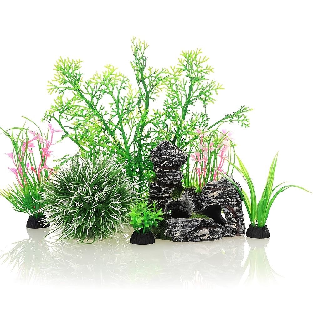 7pcs Aquarium Decorations Plants Cave Rocks Artificial Plants Fish Tank