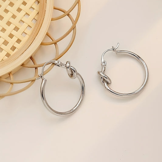 Silvery Knot Decor Hoop Earrings S925 Sterling Silver Needle Girls