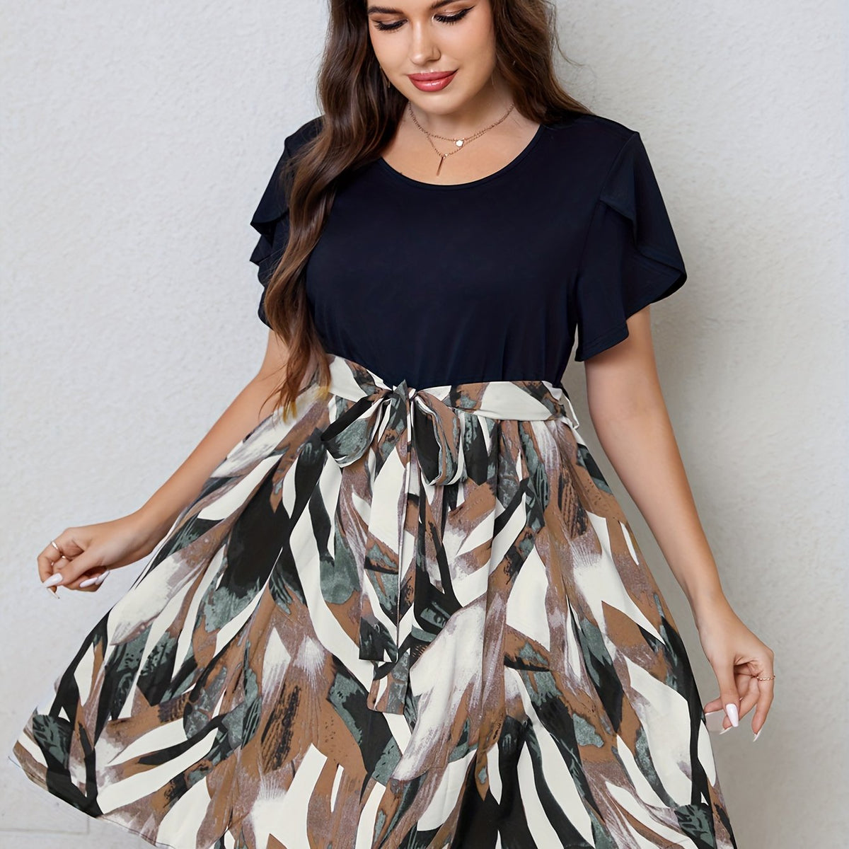 Colorblock Leaf Print Petal Sleeve Dress With Belt