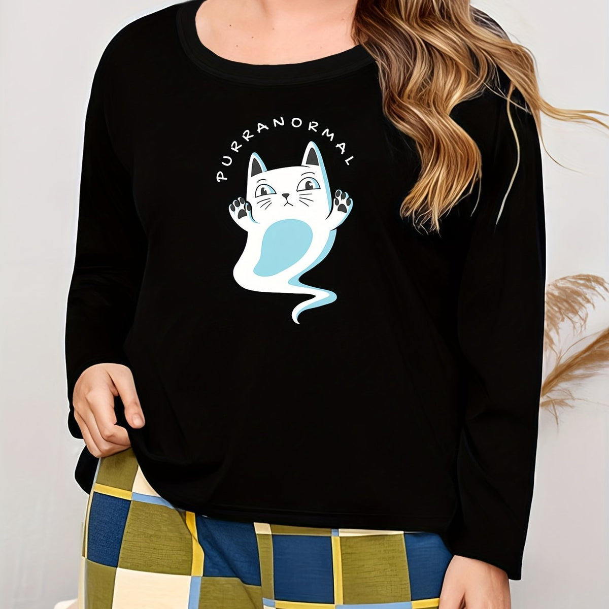  Ghost Print Halloween Lounge Top Women's Cat Long Sleeve