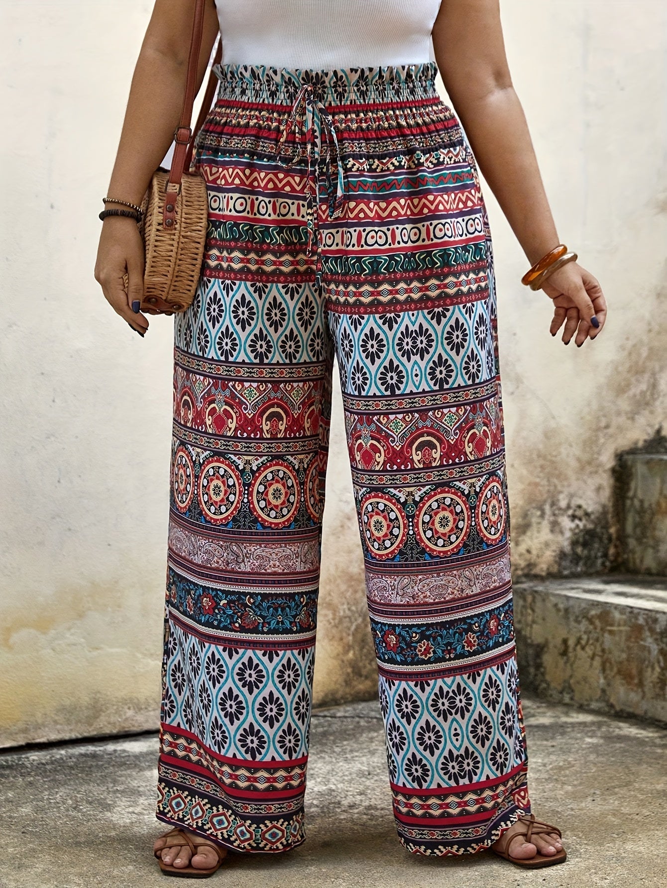 Boho Patchwork Print Wide Leg Pants - Plus Size