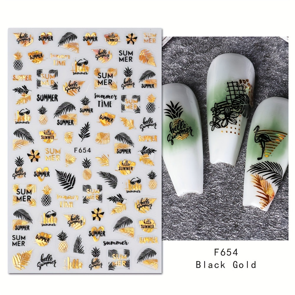 4 Sheets 3D Nail Art Stickers: Leaves/Flame Bird Adhesive Nail Decals