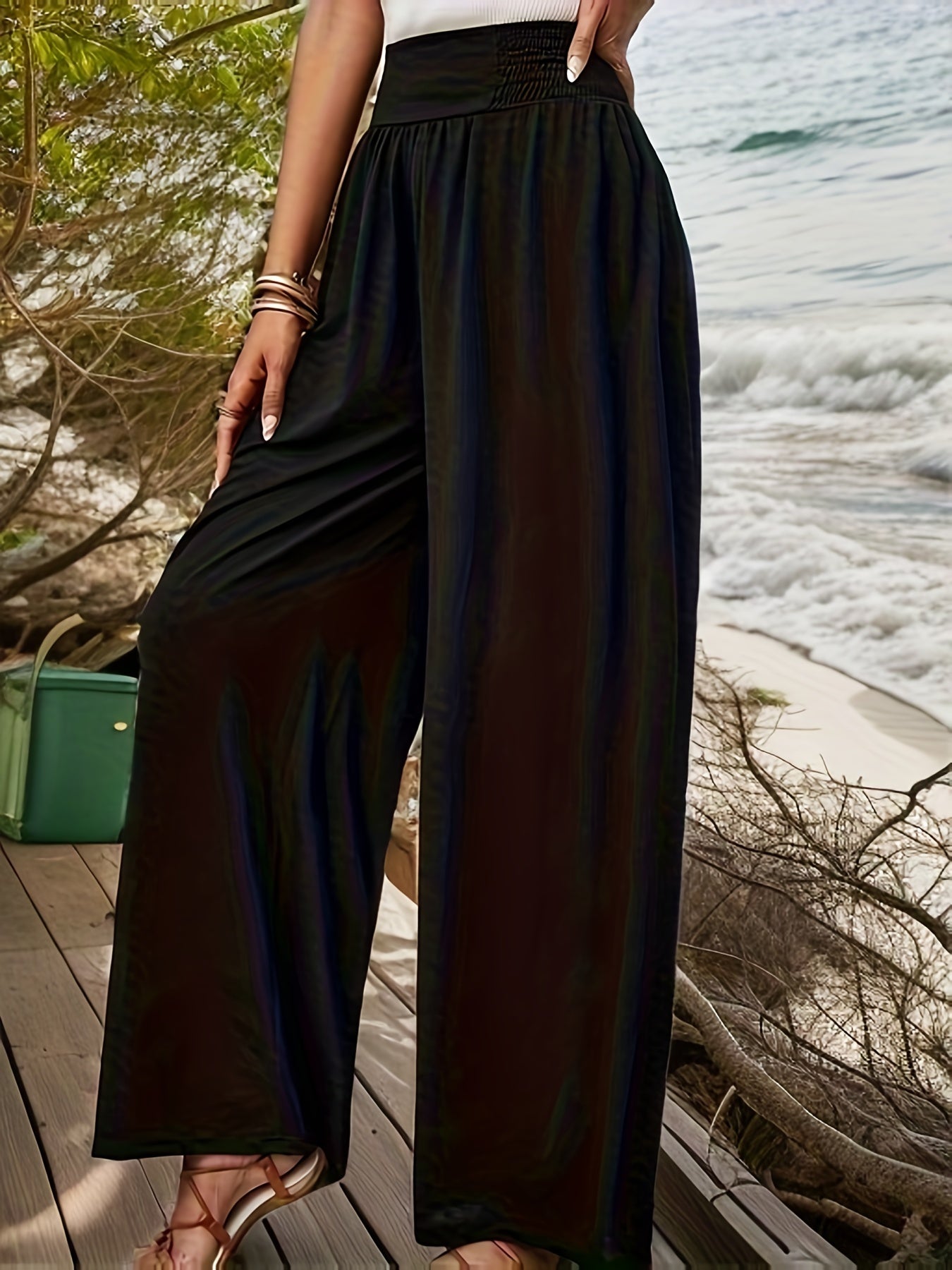 Women's Plus Shirred High Waisted Wide Leg Loose Trousers