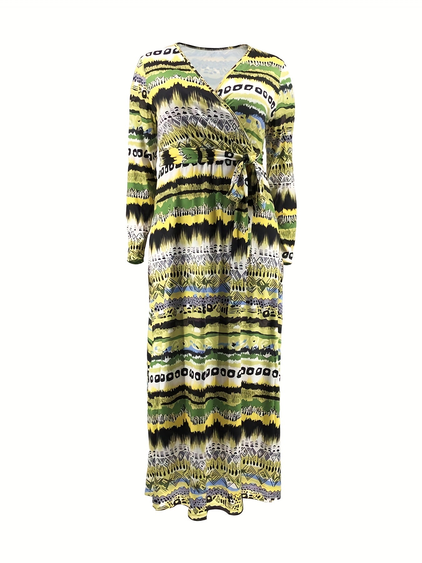 Women's Plus Tribal Print Long Sleeve V Neck Maxi Dress With Belt