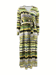 Women's Plus Tribal Print Long Sleeve V Neck Maxi Dress With Belt
