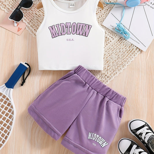 Girls Letter Graphic Tank Top & Track Shorts Set