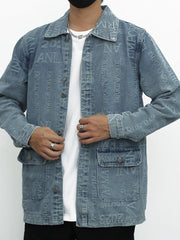 Letter Print Denim Jacket Men's Casual Lapel Button Up Coat