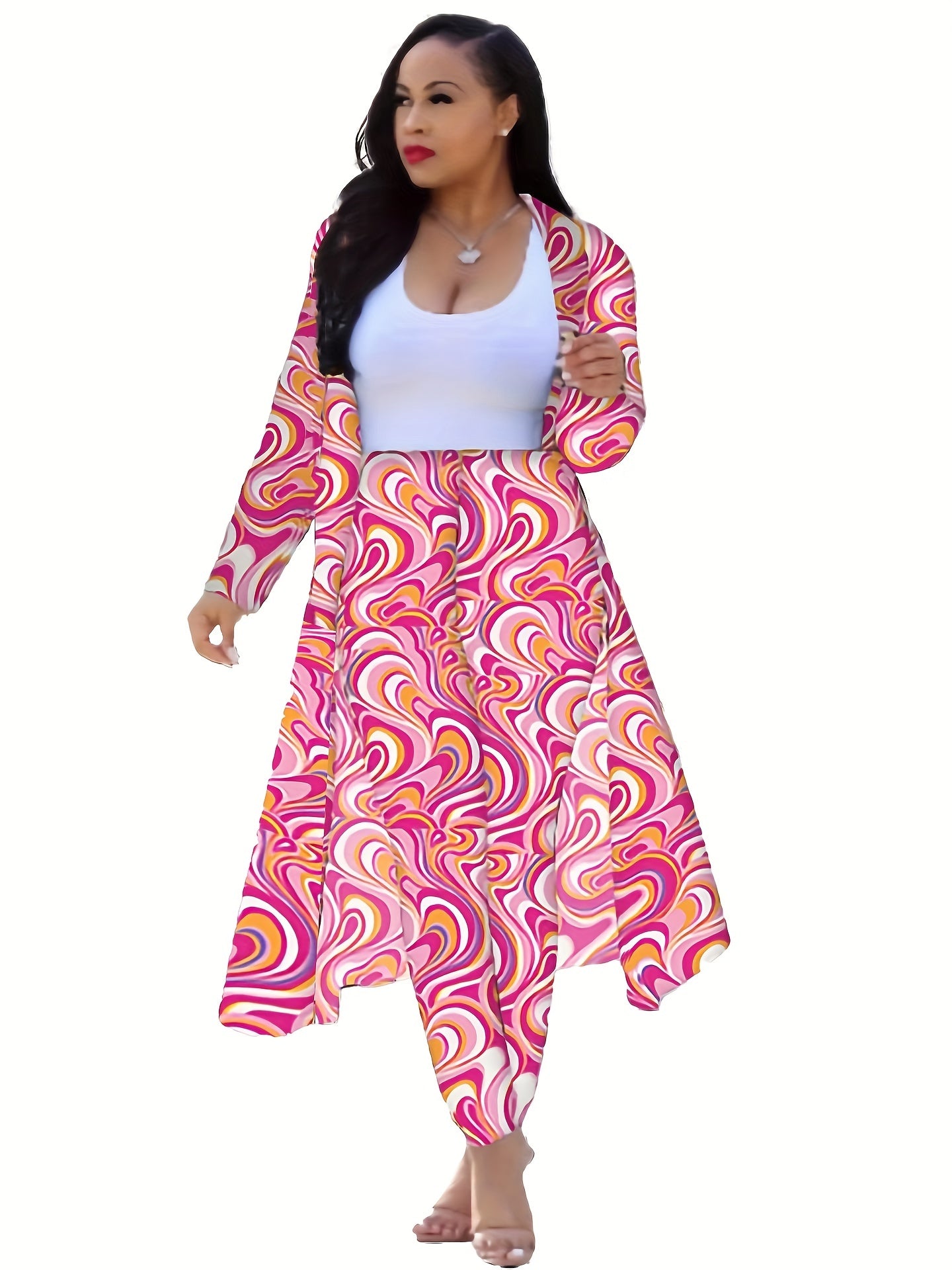 Casual Chain Print Two piece Set Long Sleeve Open Front Coat & High Waist Pants