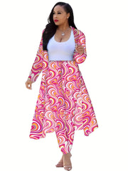 Casual Chain Print Two piece Set Long Sleeve Open Front Coat & High Waist Pants