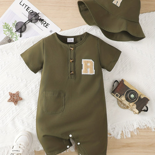 2pcs Baby Boys Short Sleeve Romper & Hat Set