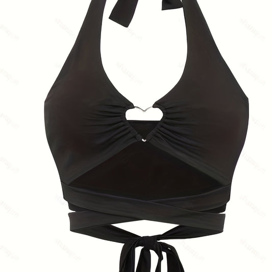 Heart Pattern Decor Halter Neck Top Beach Wear Backless Cross Tie Back