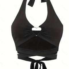 Heart Pattern Decor Halter Neck Top Beach Wear Backless Cross Tie Back