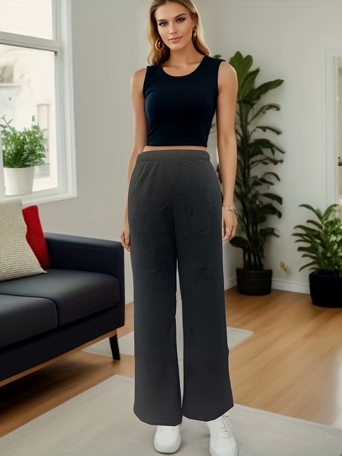 Women's Plus Solid Teddy Fleece High Rise Wide Leg Trousers