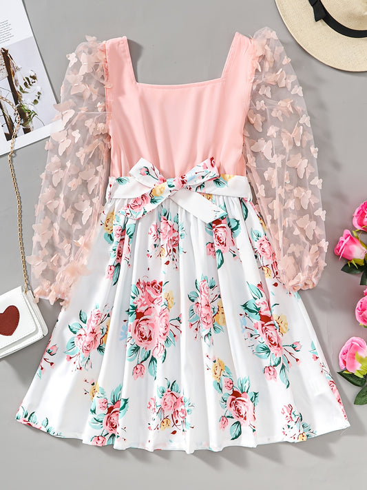 Girls Butterfly Lace Sleeve Floral Princess Dress For Party Vacation