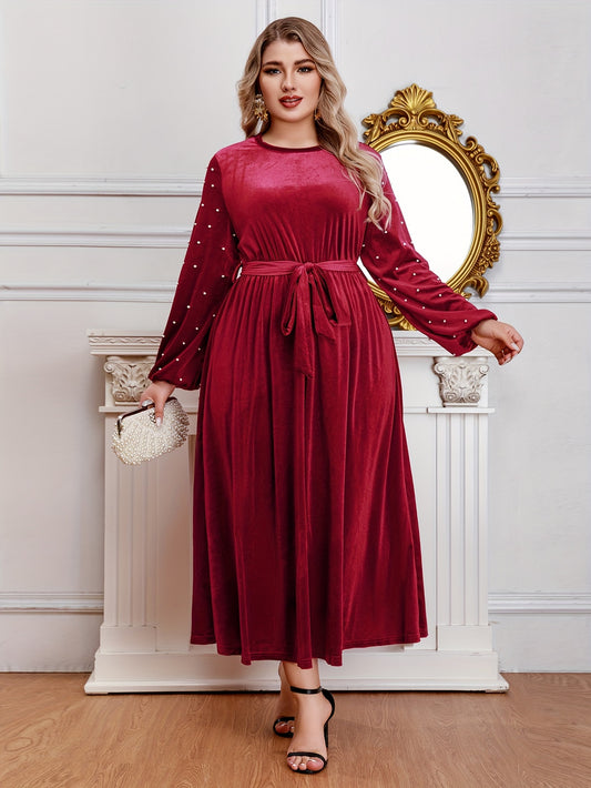  Velvet Maxi Dress with Lantern Sleeves and Belt