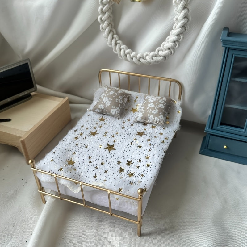 1:12 Mini Dollhouse Bedroom Set with Metal Double Bed