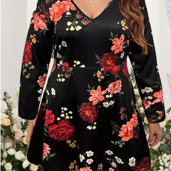  Floral Print Long Sleeve V Neck Dress