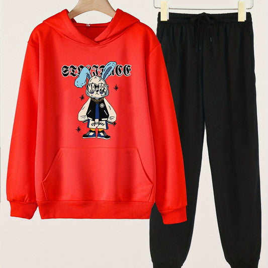 2pcs Bunny Print Hooded Outfit For Girls Hoodie & Pants Set