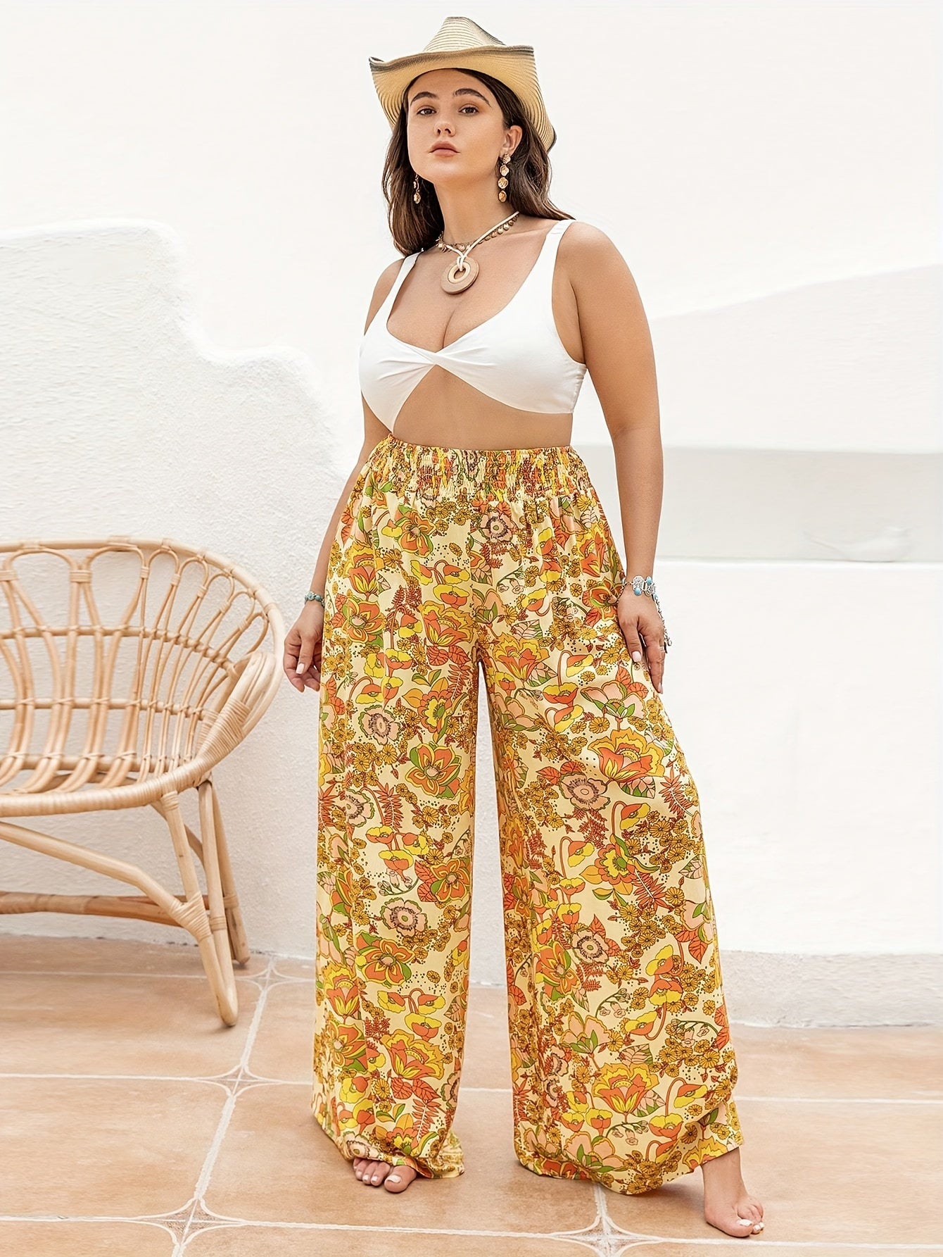 Floral Print High Rise Wide Leg Trousers