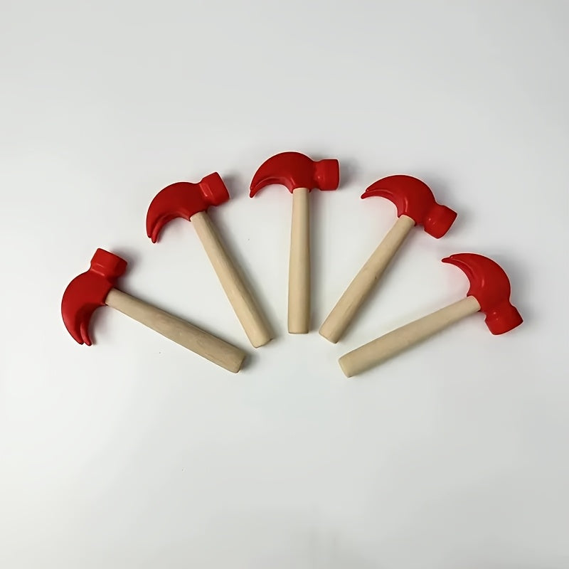 Set of 3 Red Mini Wooden Hammers Pretend Play Educational Tools