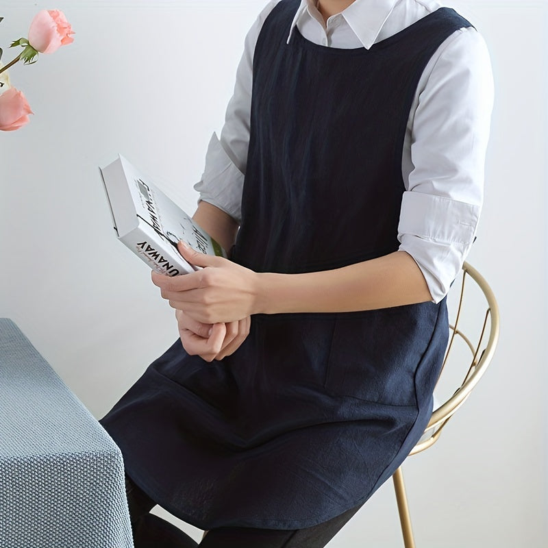 Adjustable Linen X Back Apron with Pockets for Chef Gardening Baking
