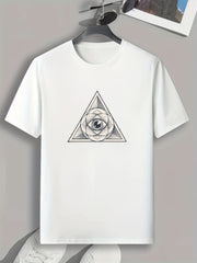 Triangle & Eye Print Men's Comfy T shirt Active Slightly Stretch Breathable Tee