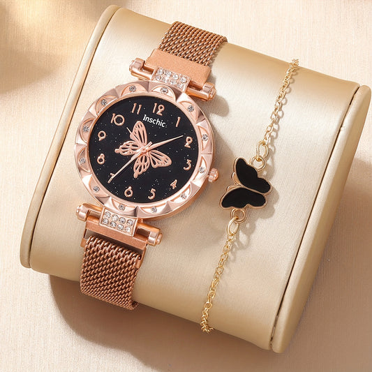 Butterfly Rhinestone Quartz Watch with Bracelet and Jewelry Set