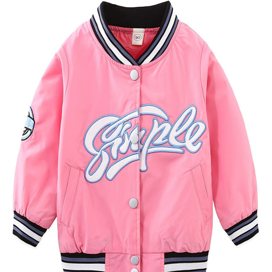 Girls Casual Letter Striped Baseball Jacket