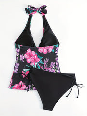 Floral Drawstring Tankini Set Halter V Neck Swimsuit