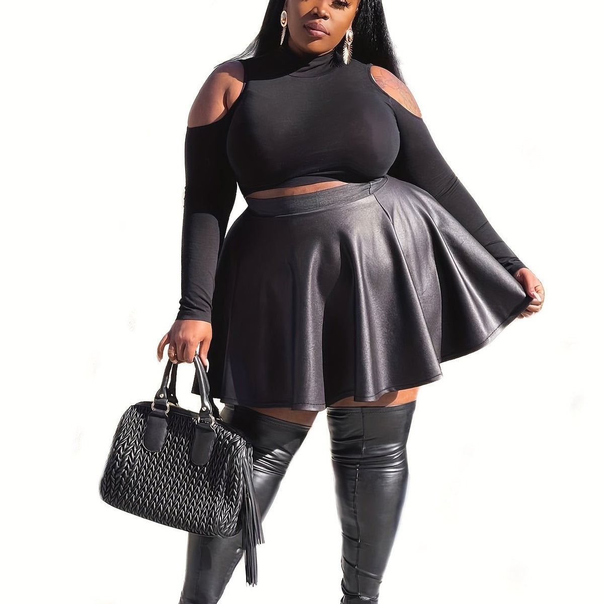 Sexy Skirt Women's Plus Solid Elastic Faux Leather High Rise A line...