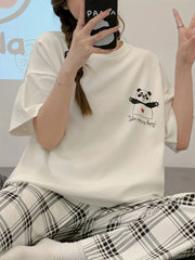 Panda Print Pajama Set Short Sleeve Top & Plaid Pants