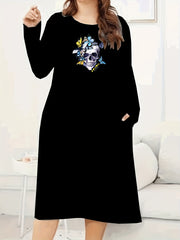 Women's Plus Skull & Butterfly Print Long Sleeve Round Neck Tee Dress