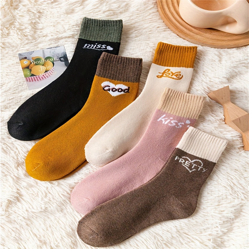 5 Pairs Letter Print Socks Colorblock Crew Socks Women's Stockings