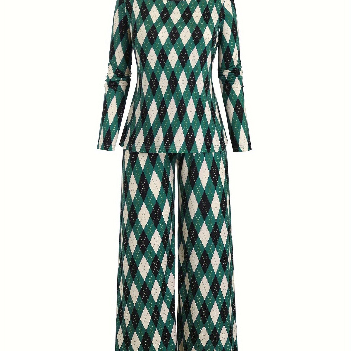 Argyle Print Long Sleeve Tee & Loose Pants Pajamas Set