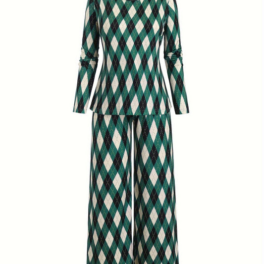  Argyle Print Long Sleeve Tee & Loose Pants Pajamas Set