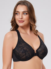 Floral Jacquard Plus Size Front Closure Racer Back Bra