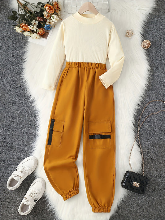 Girl's 2pcs Ribbed Top & Cargo Pants Set - Street Style